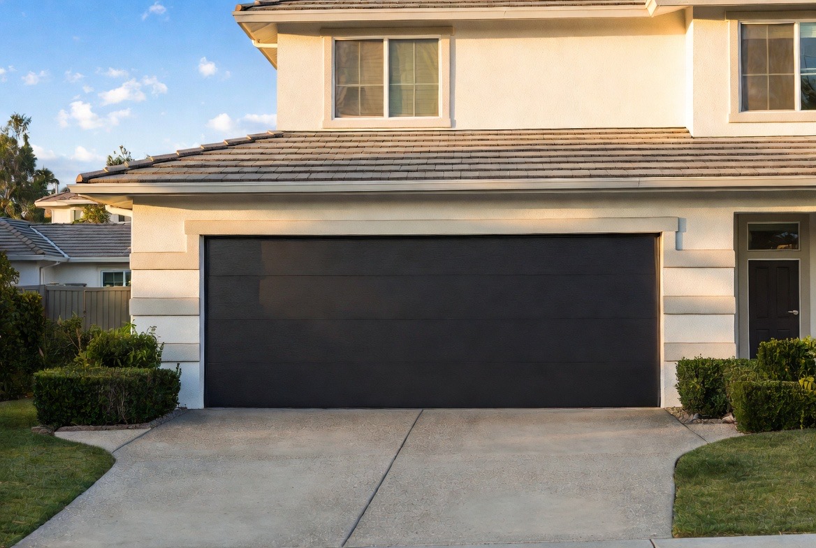 Modern black contemporary garage door on a Pleasure Point Santa Cruz home